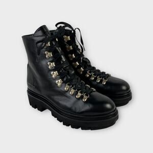 All Saints Wanda Black Leather Lace-Up Lug Sole Combat Boot Size 11